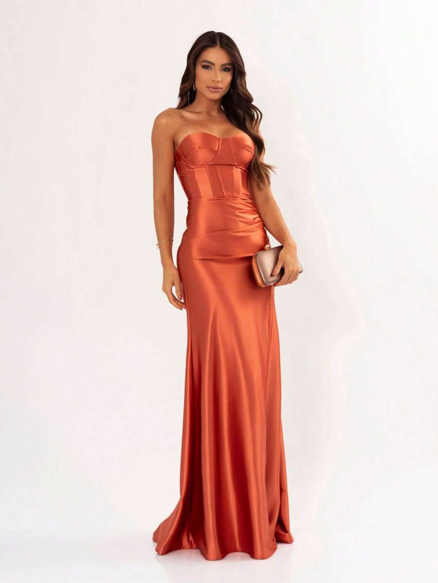 LONG WEDDING PARTY DRESS FOR BRIDESMAID FASHIONISTA STRAPLES WITH SLIT - Burnt Orange - View 1