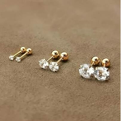 1 对迷你 14K 镀金方晶锆石耳钉，优雅闪亮耳环，适合女孩