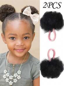 Kid's 2pcs Kid Ponytail Double Afro Puffs Kinky Curly Hair Bun For Kid's Age 0-5 Natural Black Synthetic Wigs Suitable For Daily Wear And Birthday Parties