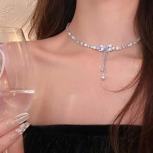 1pc Bow Knot & Pearl Decor Necklace, Elegant Collar Chain