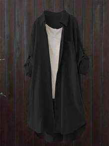 Women's Solid Color Long Sleeve Casual Turndown Collar Mid-Length Shirt - Black - View 3