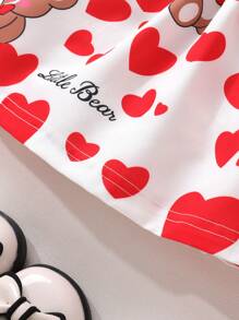 2pcs Set Casual Elegant Sweet Cute Baby Girl Outfit, Soft Comfortable Heart Elephant & Cartoon Bear Print Bow Strap Princess Dress, Baby Girl Dress, Toddler Girl Clothing, Suitable For Daily Use, Vacation, Party, Photo Shoot