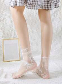 1 paar witte mesh kant frilly sokken voor dames schattige JK hoge sokken dunne zomer ademende retro zwarte visnetkousen