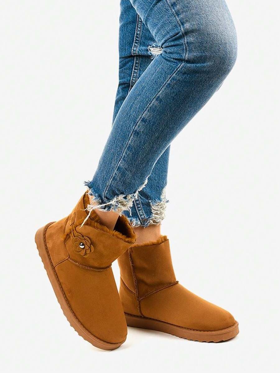 Women 3D Floral Decor Simple Flat Ankle Boots, Daily Casual