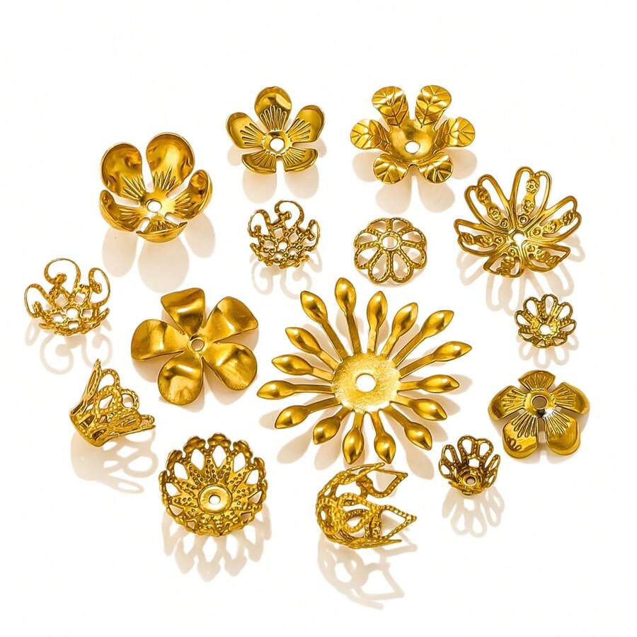 50pcs Stainless Steel Plated 18K Gold Hollow Flower Pedestal Plated Diy Handmade Flower Pedestal Bead Cap Beaded Jewelry Accessories