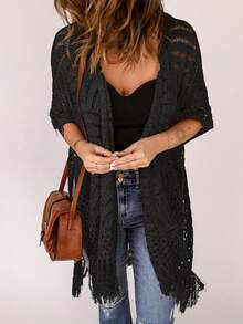 Acelitt 女式纯色简约休闲和服罩衫，带流苏装饰