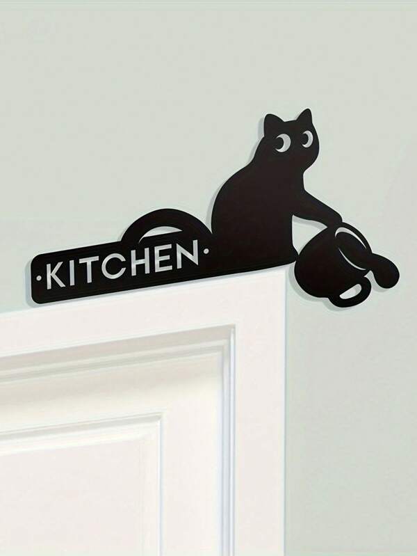 1 pedaço de placa decorativa de metal para porta e tampo de cozinha, decoração de pensamento humorístico: placa decorativa de beirados de porta com padrão "gato borrifando café", placa decorativa de restaurante com padrão "gato" para pendurar na porta, decoração de tampa de porta de metal, placa decorativa de canto de metal, arte de decoração para casa, presente para novo quarto, especialmente para estilo de toque doméstico