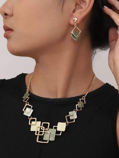 1 Set di 2 pezzi di gioielli in lega di zinco smaltata verde, di design alla moda, elegante, minimalista, retrò e originale, adatto per l'uso quotidiano, raduni, feste, appuntamenti e regali per le donne