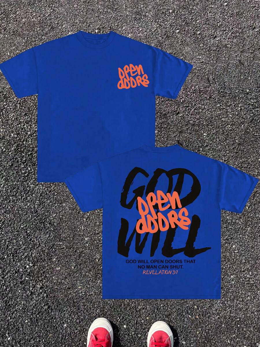 (220g Pure Cotton T-Shirt)  Men's Summer Round Neck Short Sleeved Casual Pure Cotton Print GOD WILL OPEN DOORS