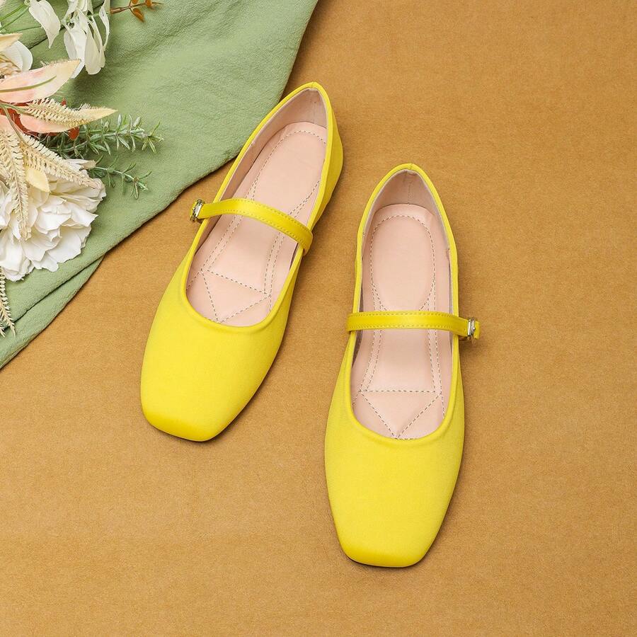 Women's Yellow French Square Toe Mary Jane Flat Shoes For Spring - Yellow - View 1
