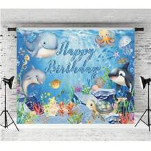 1pc Cartoon Sea Animals Birthday Theme Dolphins Turtles And Other Sea Creatures Design Background Cloth Birthday Party Cake Table Decoration Banner Portrait Photography Background Vinyl