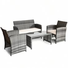 ERGOMASTER  4 PCS Patio Furniture Set PE Rattan Outdoor Wicker Patio Bistro Conversation Set - Grey - View 8