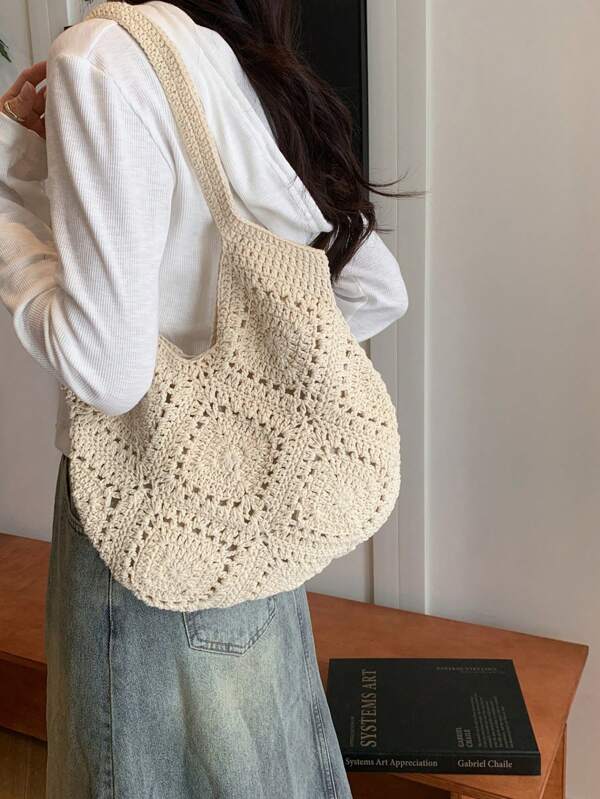 Handmade Crochet Hollow Tote Bag, Large Capacity, Pure Handwoven, Suitable For Summer Beach Vacation, Travel, Sweet Lady Bag, Beach Necessities, Beach Essentials,Beach Stuff & Summer Essentials, Newest Holiday Bag