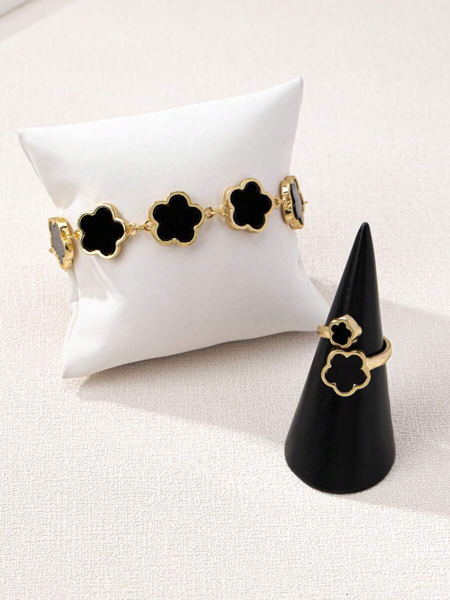 1 Set Fashionable & Versatile Vintage Clover Flower Decor Ring & Bracelet For Women - Black - View 1