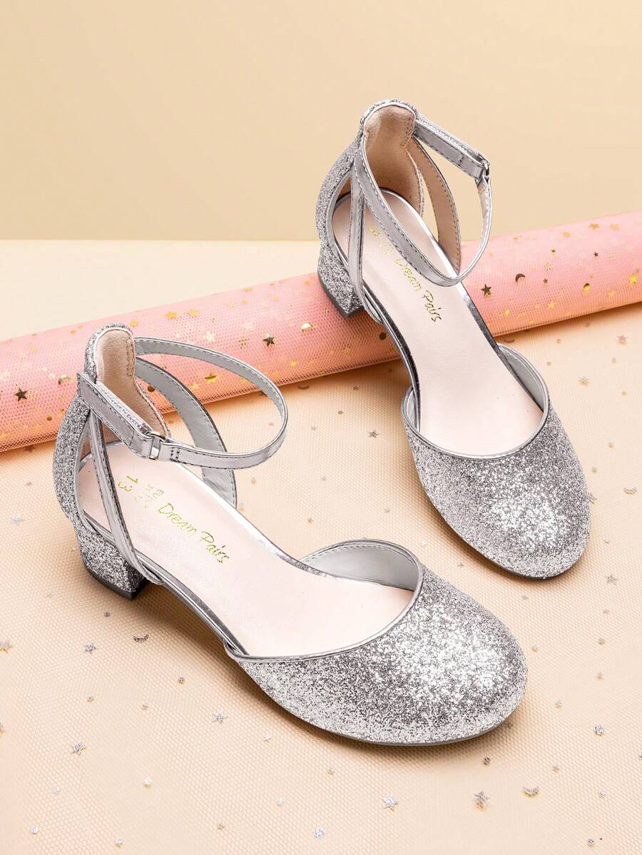 Girls Dress Shoes Closed Toe High Heels Ankle Strap Toddler Little Big Kid Wedding Flower Party Pump - 銀色 - 查看 1