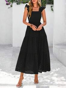 Women's Summer Square Collar Long Dress With Sleeve Cap Hole Eye Ruffles Layered A-Line Casual Vacation Long Skirt With Pockets - màu đen - Xem 4