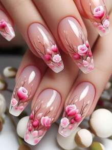 3D 粉白花朵指甲贴纸 2 件浪漫渐变蕾丝玫瑰花瓣设计 DIY 春夏自粘凝胶抛光贴花滑块美甲装饰