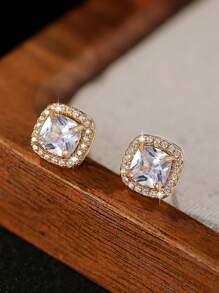 1 Pair Square Gold Zirconia Stud Earrings, Suitable For Women And Girls, Can Be Used As Wedding Or Date Gifts - Gold - View 6