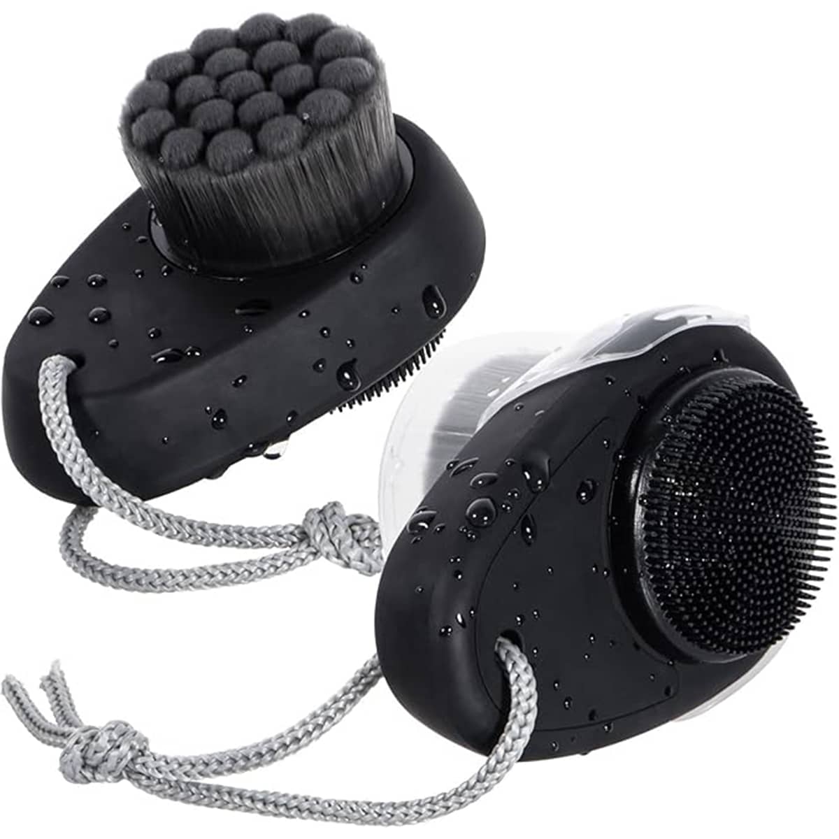 1 件装二合一硅胶面部刷，男女深层毛孔清洁去角质，双面洁面刷，带柔软竹炭超细纤维，女士专用，黑色