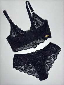 Plus Size Lingerie Set Lace Elegance Comfort Non-Padded Bra - 黑色 - 查看 1