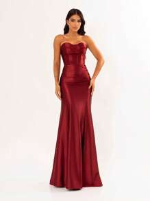 LONG WEDDING PARTY DRESS FOR BRIDESMAID FASHIONISTA STRAPLES WITH SLIT - Redwood - View 1