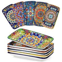vancasso 6 Pieces Plate Set, Multicolour Set, Polychrome, Porcelain Dinnerware, Rectangular Dish For 6 Person, Ceramic Stamping In Bohemian Style, 9.5in - Multicolor - View 1