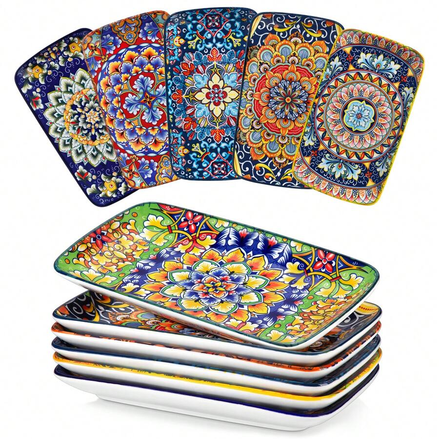 vancasso 6 Pieces Plate Set, Multicolour Set, Polychrome, Porcelain Dinnerware, Rectangular Dish For 6 Person, Ceramic Stamping In Bohemian Style, 9.5in - Multicolor - View 1