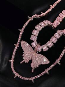 Fashion Crystal Pink Butterfly Pendant & Punk Spiked Cuban Link Chain Necklace Set, Unisex Party / Gift Decorative Box Included