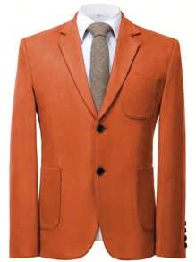 Mens Blazer Suede Jacket Casual 2 Buttons Sport Coat Faux Leather Suit Slim Fit Jacket With Lapel Collar Long Sleeves, Stylish For Business Or Leisure Occasions - 橘色 - 查看 3