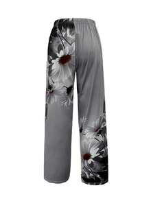 Damen Große Größen Hose mit elastischem Bund, Cartoon Katze Tasche, weites Bein, locker, Casual, Herbst Urlaub - Grau - Übersicht 3