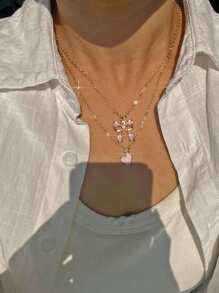 1/2pcs Heart & Bow Tie Necklace Set: Pink Heart Necklace & Cute Bow Tie Style Necklace, Best Friend Gift Valentines