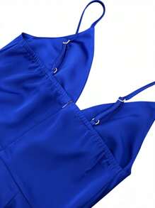 女士春夏薄款吊带垂领斜口袋系带缎面纯色休闲通勤裤袋后拉链系带女式连体裤