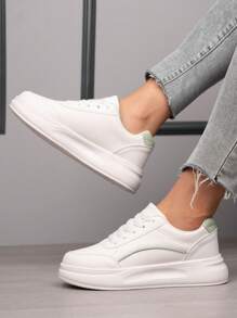 White Platform Sneakers For Women, Fashionable Breathable Flat Lace-Up Casual Mixed Color Shoes, Versatile Work Sneakers - White Green - View 1
