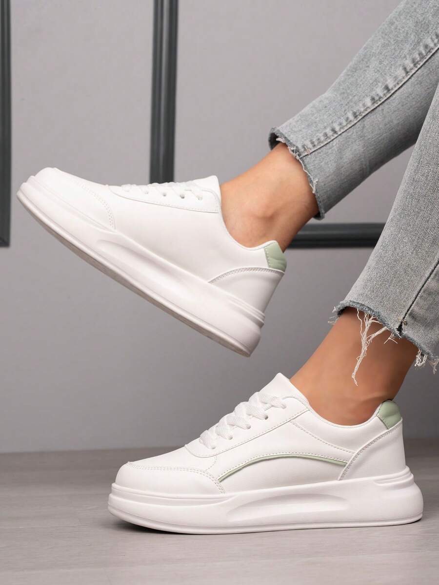 White Platform Sneakers For Women, Fashionable Breathable Flat Lace-Up Casual Mixed Color Shoes, Versatile Work Sneakers - White Green - View 1