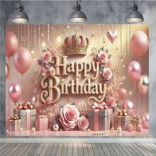 1pc 2025 New Year Pink Floral Balloon Birthday Party Background With Crown Pearl Gift Box Design, Princess Birthday Party Background Cloth, Cake Table Decor, Photography Backdrop, Polyester Banner