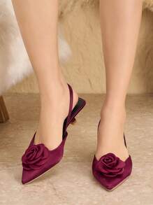 Women's Elegant Comfortable Pointed Toe Apricot Floral Decor Slip-On Pumps - Burgundy - View 3