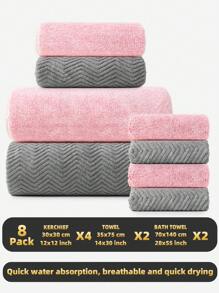 Set de 8 piezas [4 toallas faciales + 2 toallas de mano + 2 toallas de baño], set de toallas texturizadas con borde de felpa coral, suaves y absorbentes, de secado rápido, aptas para baño, baño, hotel, camping, gimnasio, salón y otras ocasiones de verano y vacaciones