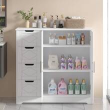 Gabinete de baño VECELO con 4 cajones, gabinete lateral de almacenamiento con 2 estantes ajustables y puertas, 32.1" L x 11.7" A x 32.1" H, fácil montaje - Blanco - Blanco - Ver 9