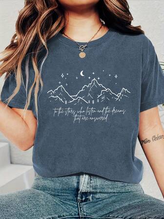 Till stjärnorna som lyssnar och drömmarna som är svar Tryckt dam-T-shirt med rund hals och kort ärm i färg i bomull, sommar, kinesiskt nyår, kinesiskt nyår, hästens år, vårfestival, gott nytt år, alla hjärtans dag, alla hjärtans dag-present, alla hjärtans dag-present till henne, alla hjärtans dag-present