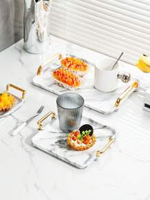 1 White Plastic Tray With A Marble Design - Perfect For Tea, Desserts And Cooked Food In The Kitchen, Dining Room Or Living Room - Perfect For Weddings, Birthdays And Gifts, Decorative Trays, Innovative Cutlery, Kettles, Breads, Parties, Gifts