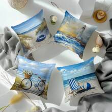 4pcs 17.7*17.7in (45*45cm) White Lifesaver, Chaise Lounge, Balloon, Lighthouse, Bicycle Printed Polyester Pillow Case [Single-Sided Print][Pillow Insert Not Included] Home Couch Bed Headrest Cushion Cover, Suitable For Daily Use, Home Decor, Living Room, Bedroom, Car