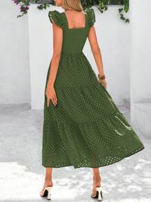 Women's Summer Square Collar Long Dress With Sleeve Cap Hole Eye Ruffles Layered A-Line Casual Vacation Long Skirt With Pockets - 軍綠色 - 查看 2