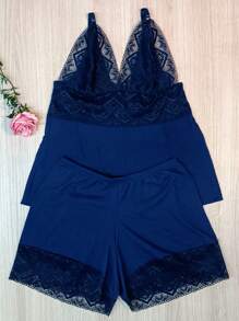 Baby Doll Ribbed Lace Comfort Without Padded Lined Pajama Short Doll - 544 - Navy Blue - View 4