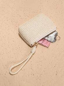 手工编织腕带，拉链开合，纯色织物零钱包，钥匙卡夹，涤纶衬里，腕带 - A - 查看 2