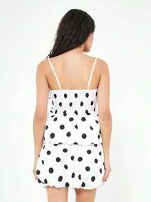 Conjunto de verano y primavera de moda elegante y casual para dama con diseño de volantes de estampado de lunares, top halter sin tirantes elástico y falda globo de dos piezas