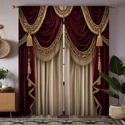 2 pezzi di tendine eleganti in stile nobiliare europeo oro e rosso, in materiale di poliestere traslucido con stampa digitale, adatte per soggiorno, cucina, camera da letto, studio, bagno, hotel, sala da pranzo, ingresso, decorazione per la casa
