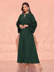 Women's Handmade 3D Floral Elegant Front Placket Beaded Formal Dress,Modest