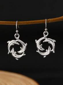 4 对复古波西米亚风格仿旧花朵、章鱼、海豚耳环套装，女士休闲百搭日常佩戴耳环 - 復古銀色 - 查看 4