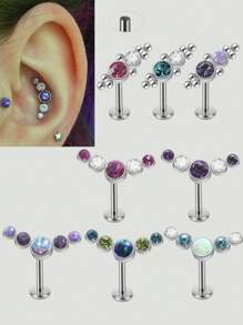 1PC Stainless Steel Internal Thread Labret Lip Ring Synthetic Opal&Rhinestones Cluster Curved Ear Cartilage Tragus Helix Daith Piercing Jewelry Unisex - Silver - View 1