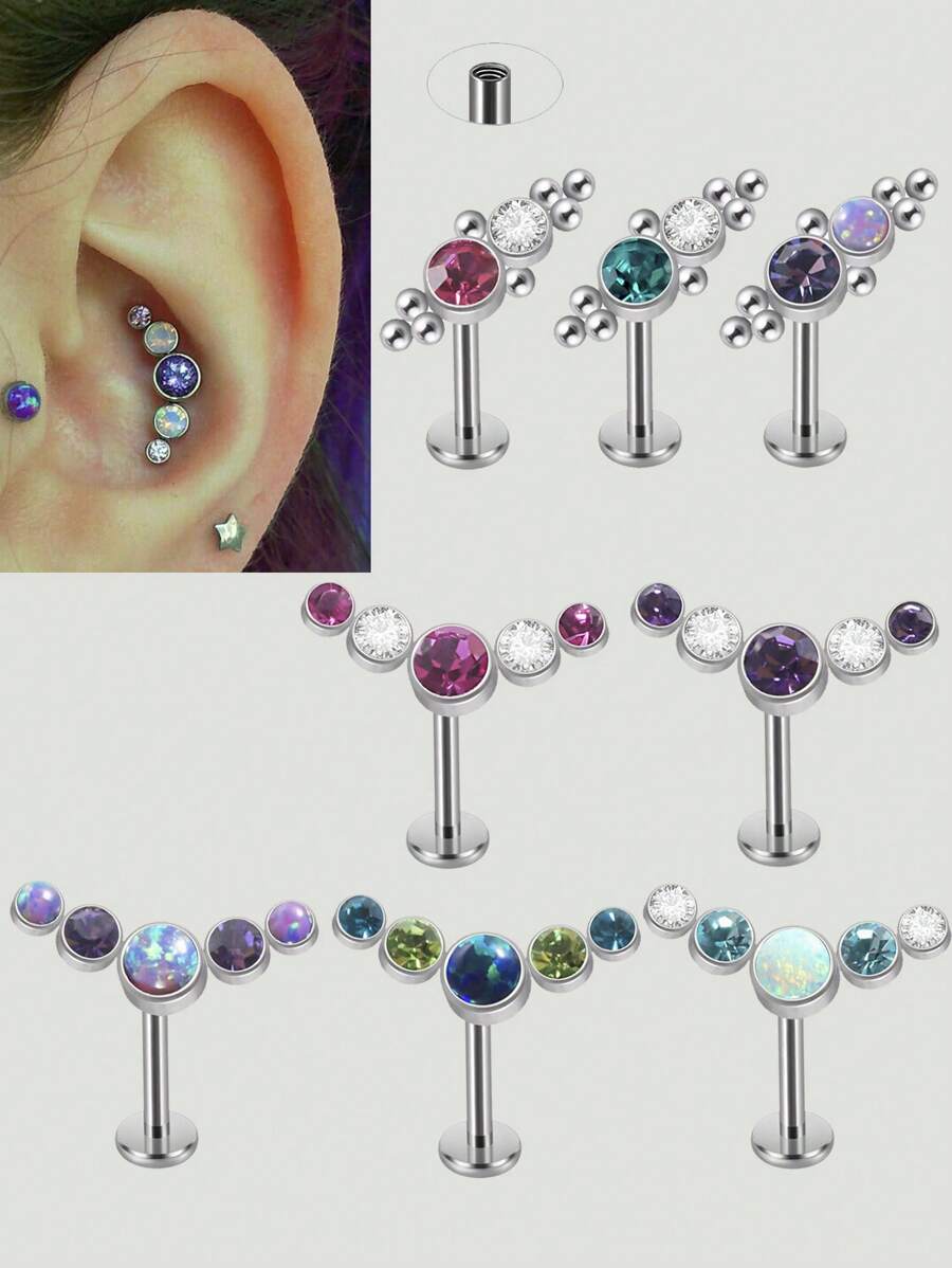 1PC Stainless Steel Internal Thread Labret Lip Ring Synthetic Opal&Rhinestones Cluster Curved Ear Cartilage Tragus Helix Daith Piercing Jewelry Unisex - Silver - View 1